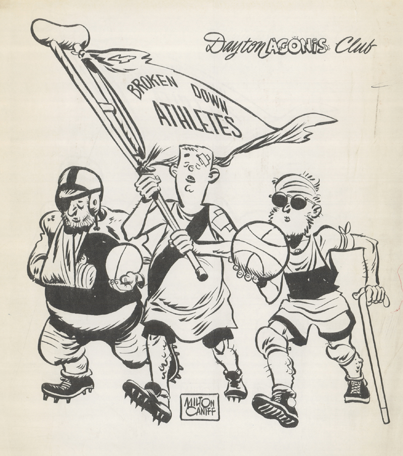 A drawing of three baseball players holding flags.